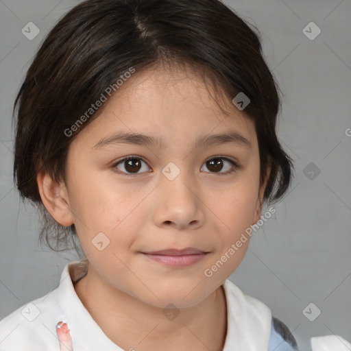 Joyful white child female with medium  brown hair and brown eyes