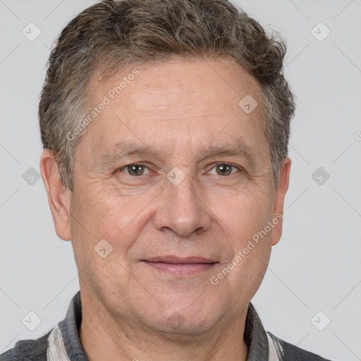 Joyful white middle-aged male with short  brown hair and brown eyes