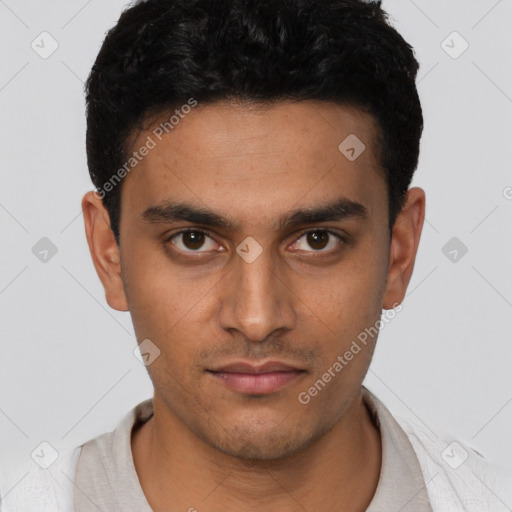 Neutral latino young-adult male with short  black hair and brown eyes