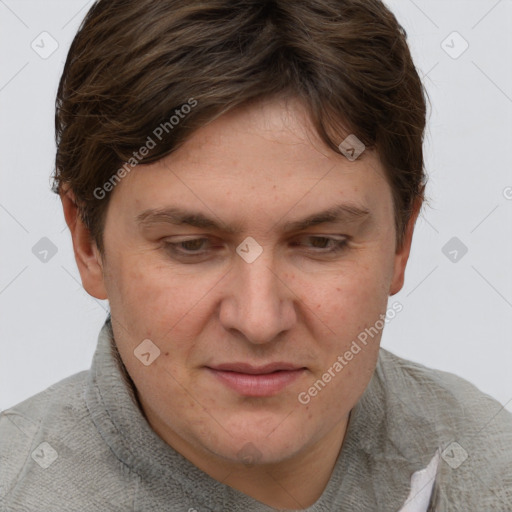 Joyful white adult female with short  brown hair and grey eyes