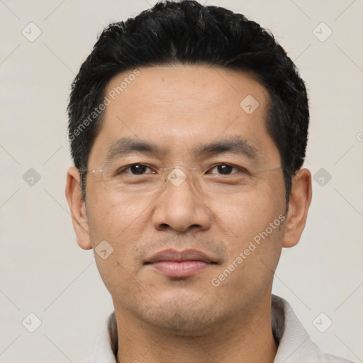 Neutral asian adult male with short  black hair and brown eyes