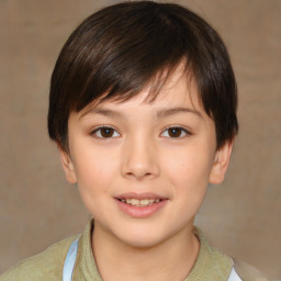 Joyful white child female with medium  brown hair and brown eyes