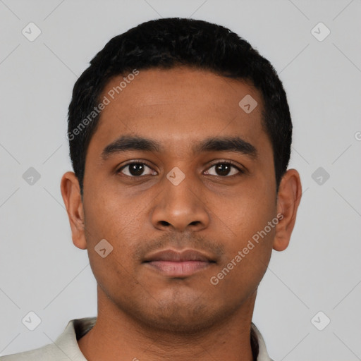 Neutral latino young-adult male with short  black hair and brown eyes