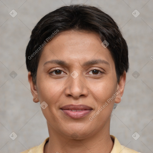 Joyful white young-adult female with short  brown hair and brown eyes