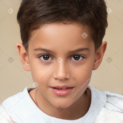 Joyful white child male with short  brown hair and brown eyes