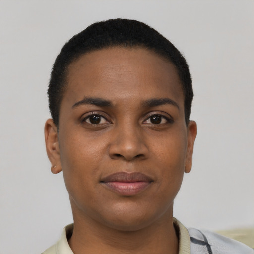 Joyful black young-adult female with short  black hair and brown eyes