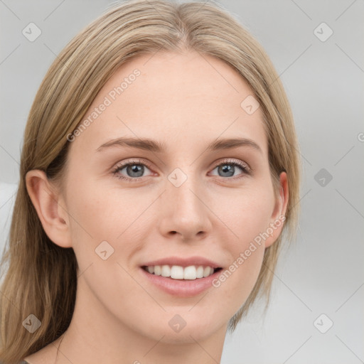 Joyful white young-adult female with medium  brown hair and blue eyes