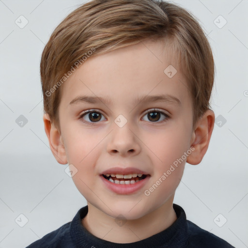 Joyful white child female with short  brown hair and brown eyes