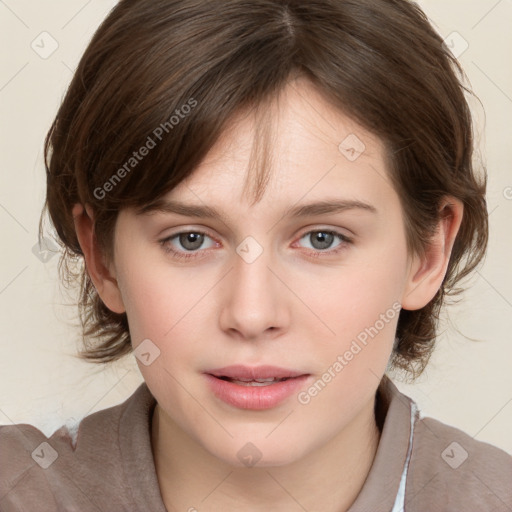 Neutral white young-adult female with medium  brown hair and grey eyes