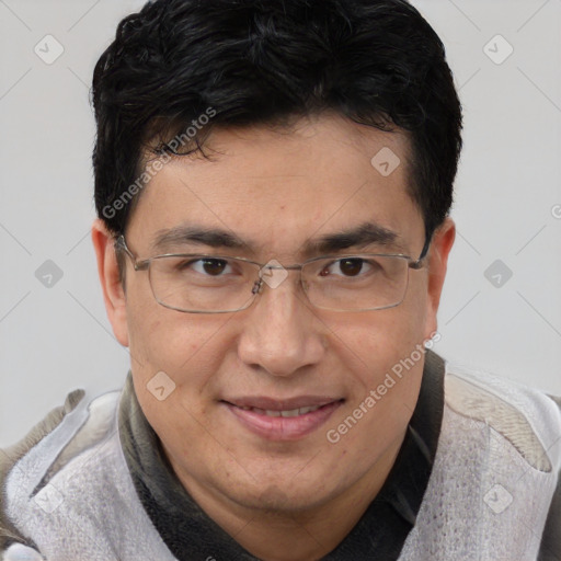 Joyful asian adult male with short  brown hair and brown eyes