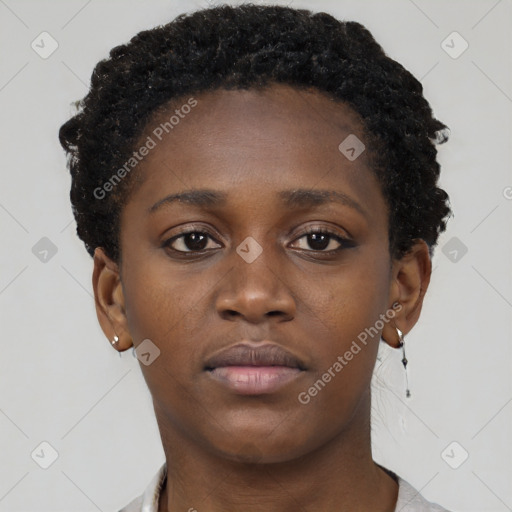 Neutral black young-adult female with short  brown hair and brown eyes