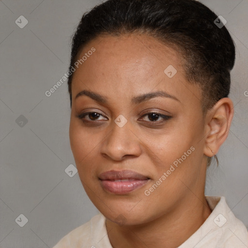 Joyful black young-adult female with short  brown hair and brown eyes