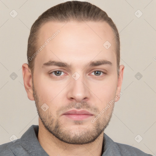 Neutral white young-adult male with short  brown hair and brown eyes