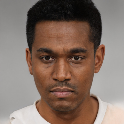 Neutral black young-adult male with short  black hair and brown eyes