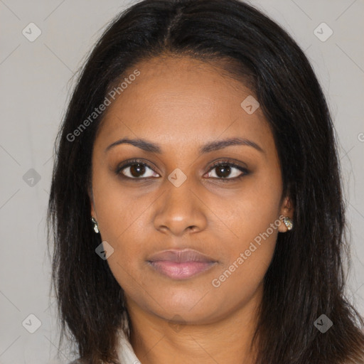 Joyful asian young-adult female with long  brown hair and brown eyes