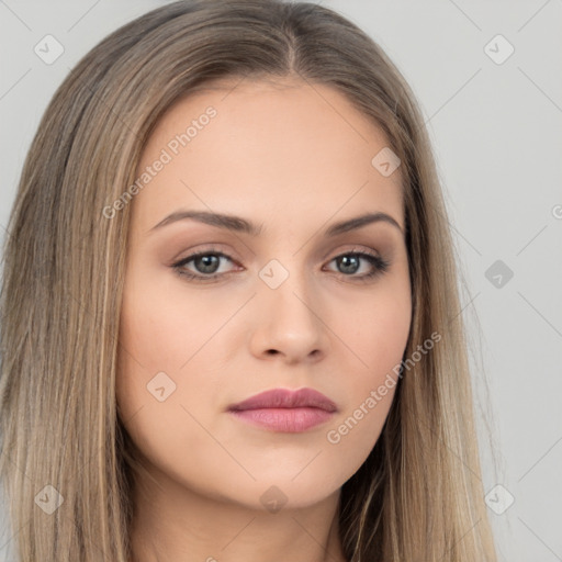 Neutral white young-adult female with long  brown hair and brown eyes