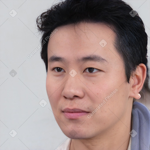Neutral asian young-adult male with short  black hair and brown eyes