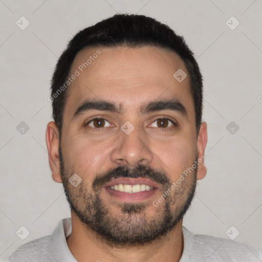 Joyful white young-adult male with short  black hair and brown eyes