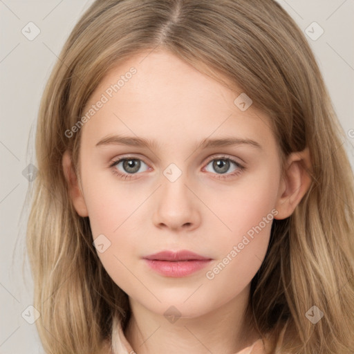 Neutral white young-adult female with long  brown hair and grey eyes