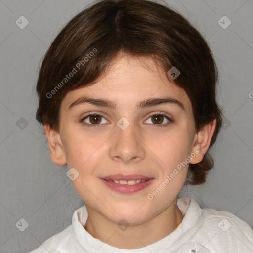 Joyful white child female with medium  brown hair and brown eyes