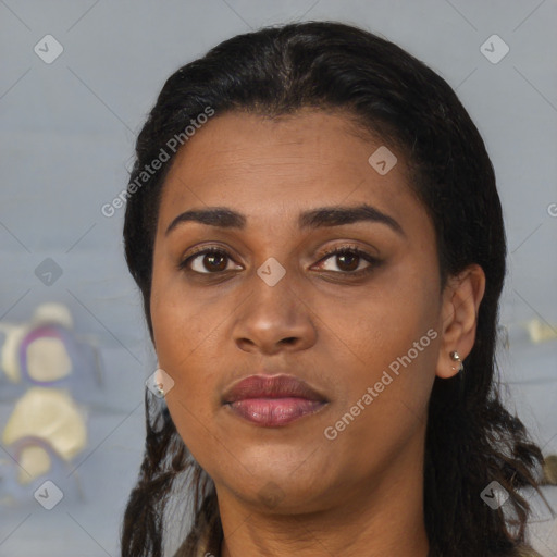 Joyful black young-adult female with medium  black hair and brown eyes