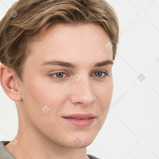 Joyful white young-adult female with short  brown hair and grey eyes