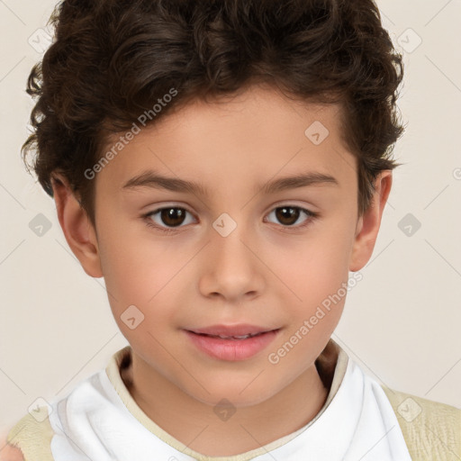 Joyful white child female with short  brown hair and brown eyes