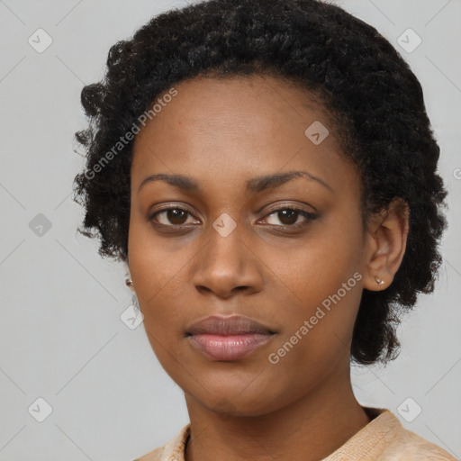 Neutral black young-adult female with short  black hair and brown eyes