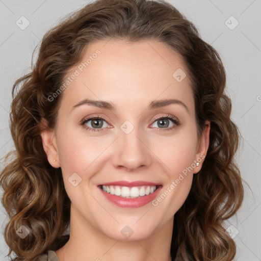 Joyful white young-adult female with medium  brown hair and green eyes