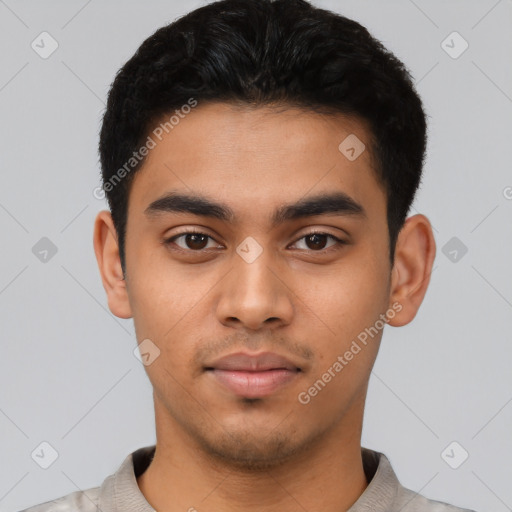 Neutral latino young-adult male with short  black hair and brown eyes