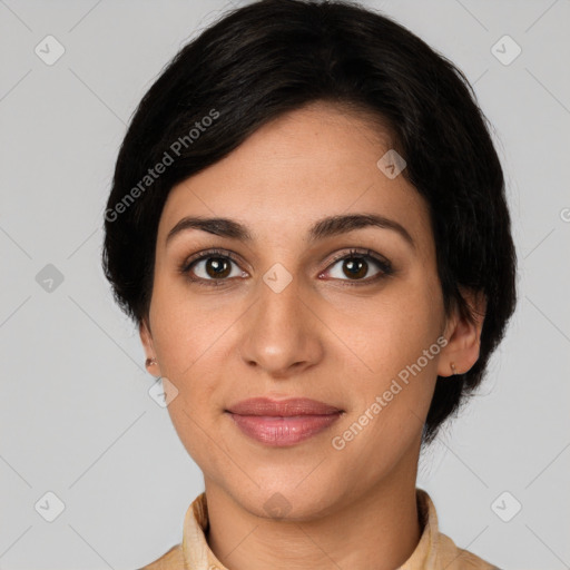 Joyful latino young-adult female with medium  brown hair and brown eyes