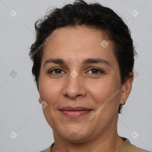 Joyful white adult female with short  brown hair and brown eyes