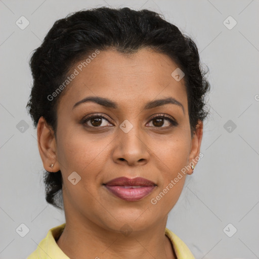 Joyful latino young-adult female with short  brown hair and brown eyes