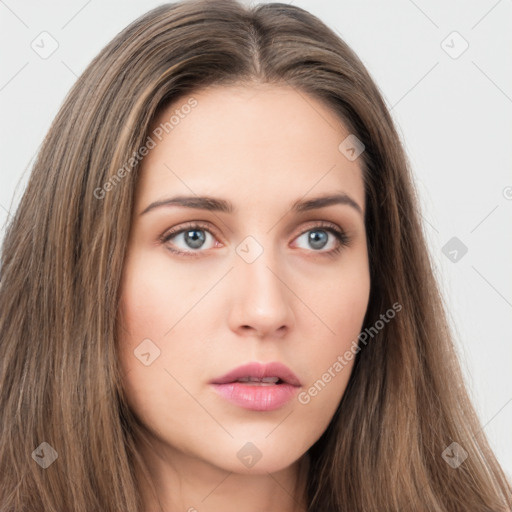 Neutral white young-adult female with long  brown hair and grey eyes