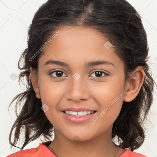 Joyful white child female with medium  brown hair and brown eyes