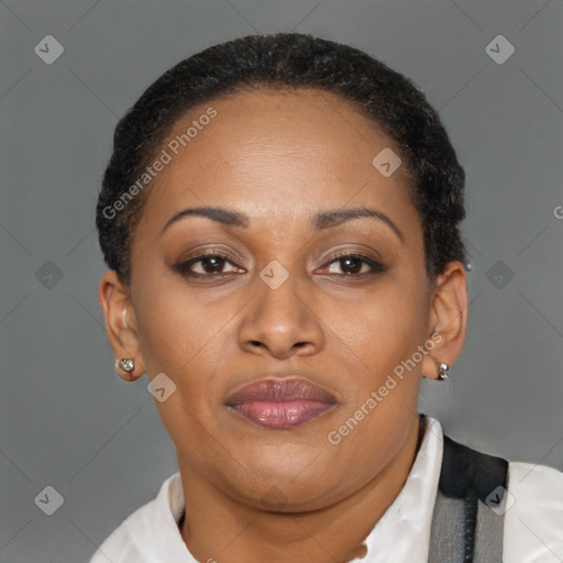 Joyful black adult female with short  brown hair and brown eyes