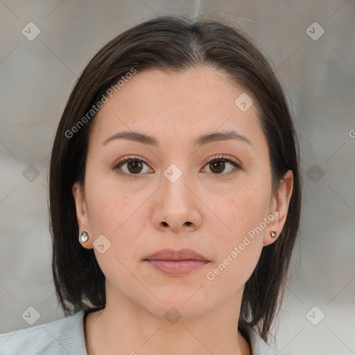 Neutral white young-adult female with medium  brown hair and brown eyes