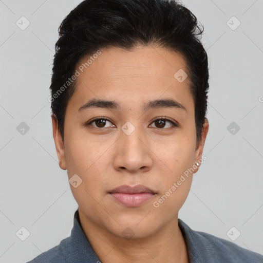 Neutral latino young-adult male with short  black hair and brown eyes