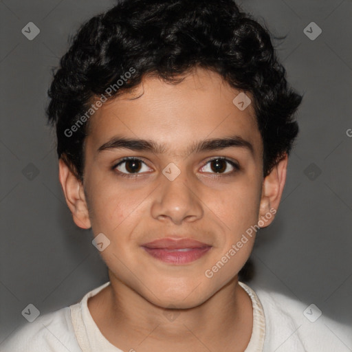 Joyful latino young-adult male with short  brown hair and brown eyes