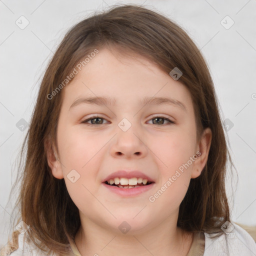 Joyful white child female with medium  brown hair and brown eyes