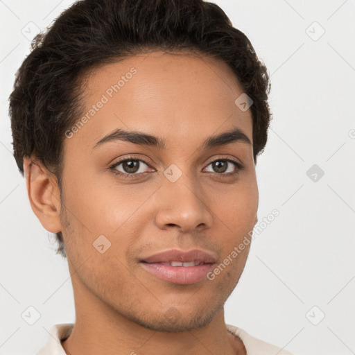 Joyful white young-adult female with short  brown hair and brown eyes