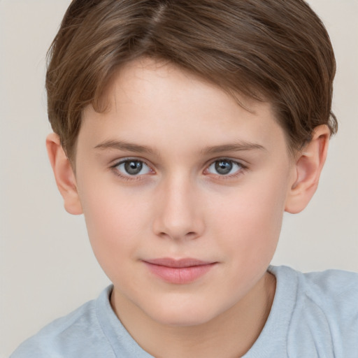 Joyful white child female with short  brown hair and brown eyes