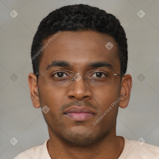 Neutral black young-adult male with short  black hair and brown eyes