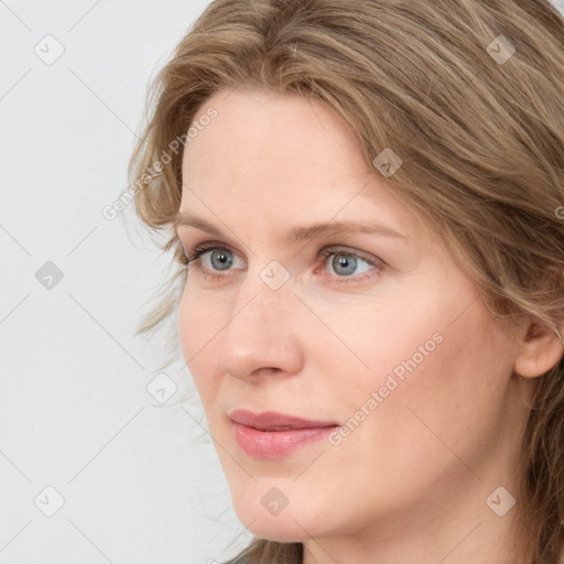 Neutral white young-adult female with medium  brown hair and grey eyes