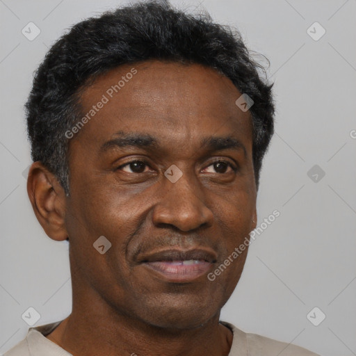 Joyful black adult male with short  black hair and brown eyes