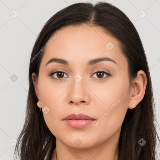 Neutral white young-adult female with long  brown hair and brown eyes