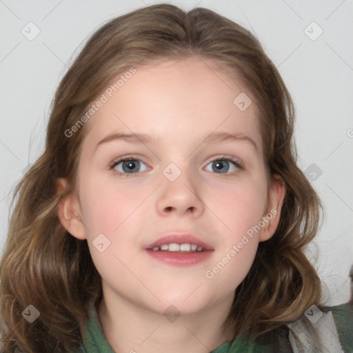 Neutral white child female with medium  brown hair and blue eyes