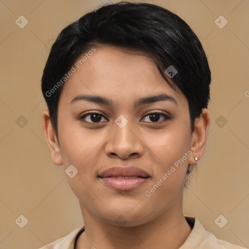 Joyful asian young-adult female with short  brown hair and brown eyes