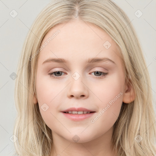 Joyful white young-adult female with long  brown hair and blue eyes