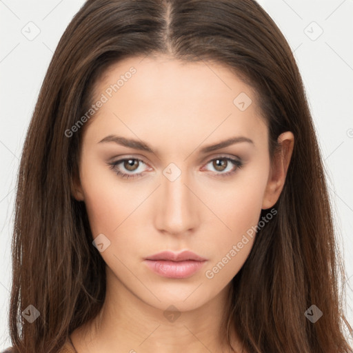 Neutral white young-adult female with long  brown hair and brown eyes